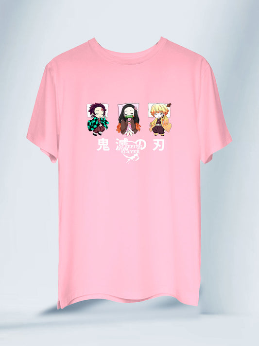 Camiseta Rosada Mujer Nezuko Tanjiro y Zenitsu Demon Slayer