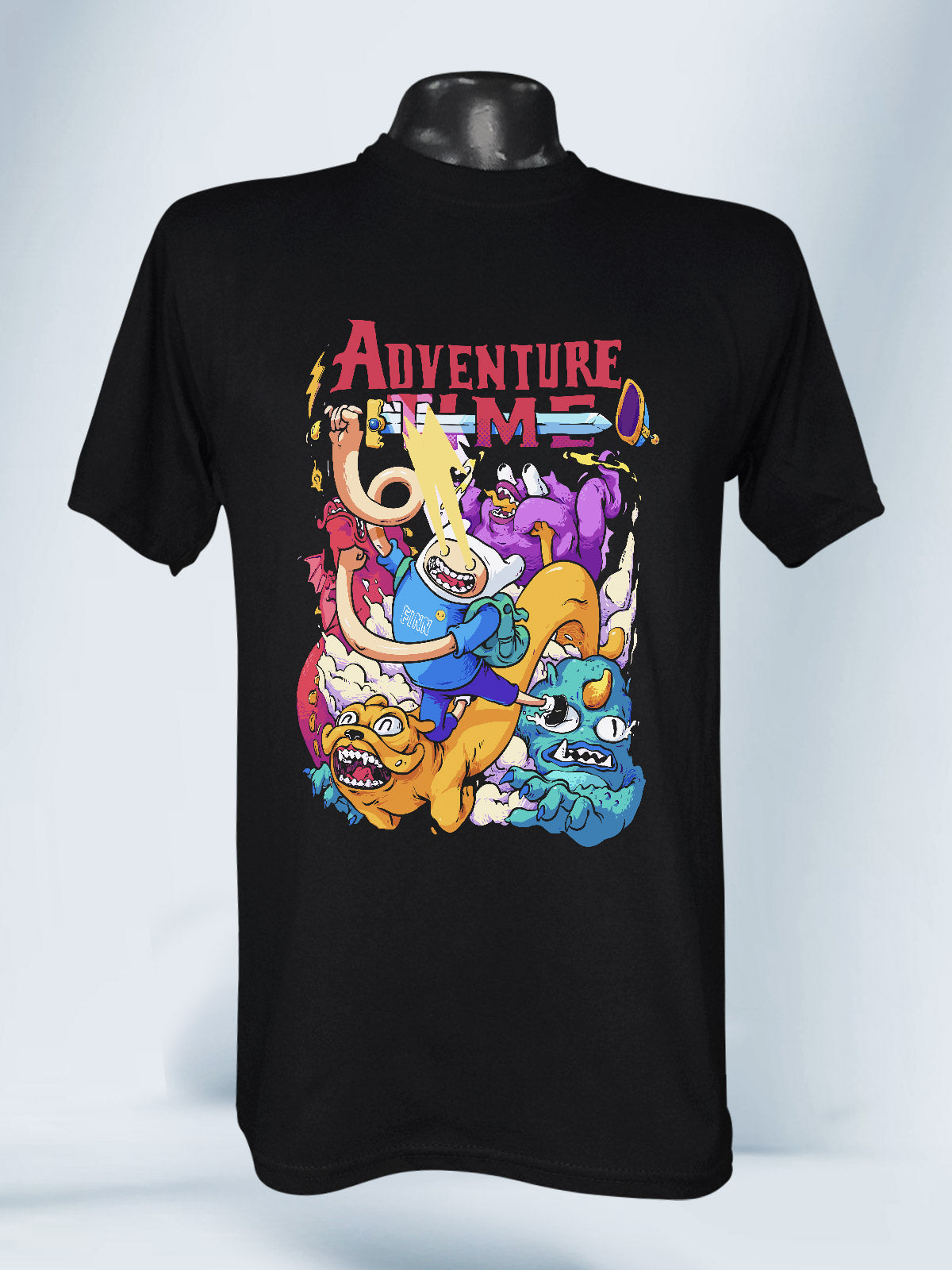 Camiseta Negra Unisex Finn y Jake Épica Aventura Multiversal Hora de Aventura