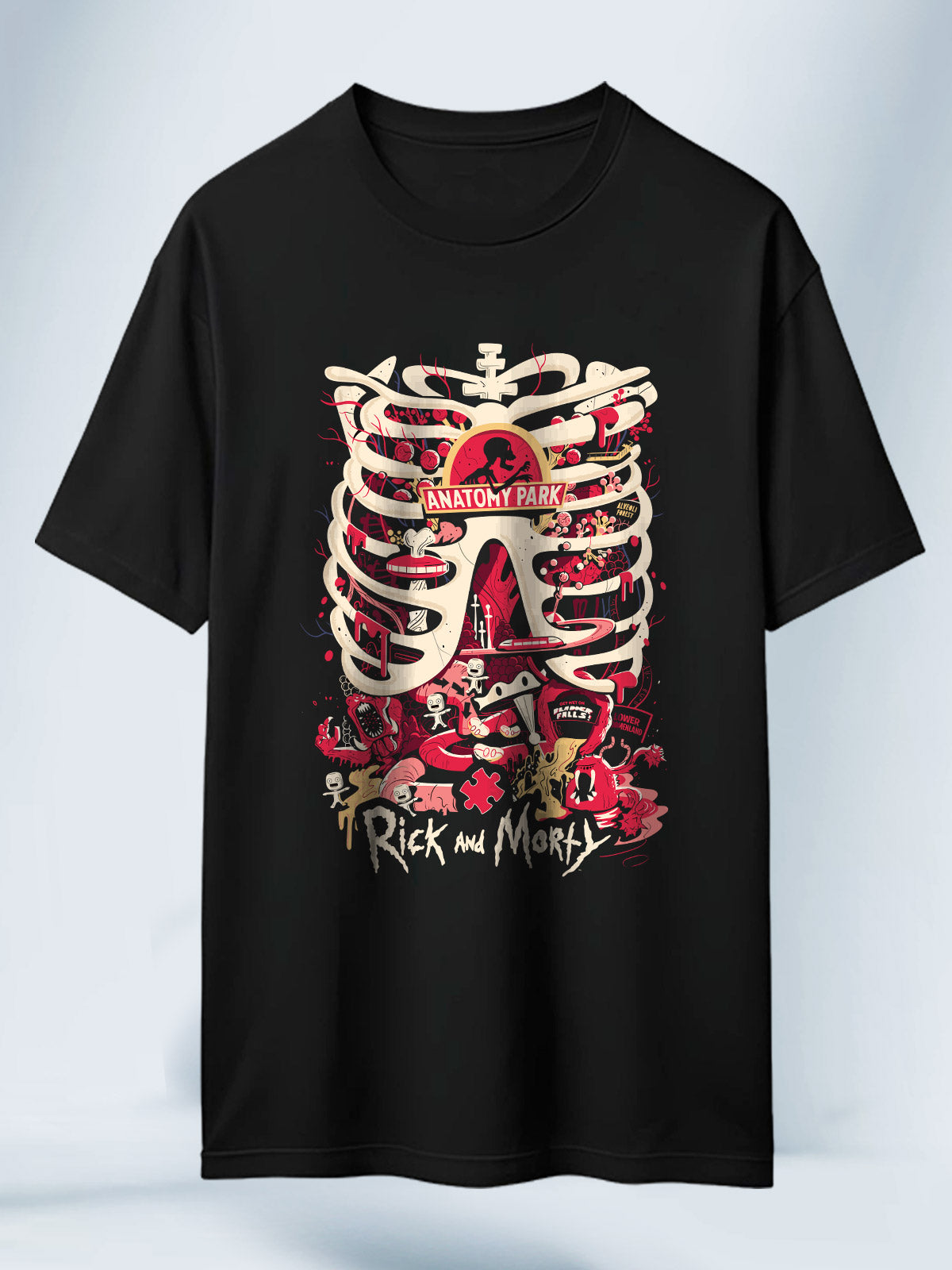 Camiseta Negra Unisex Anatomy Park Rick y Morty