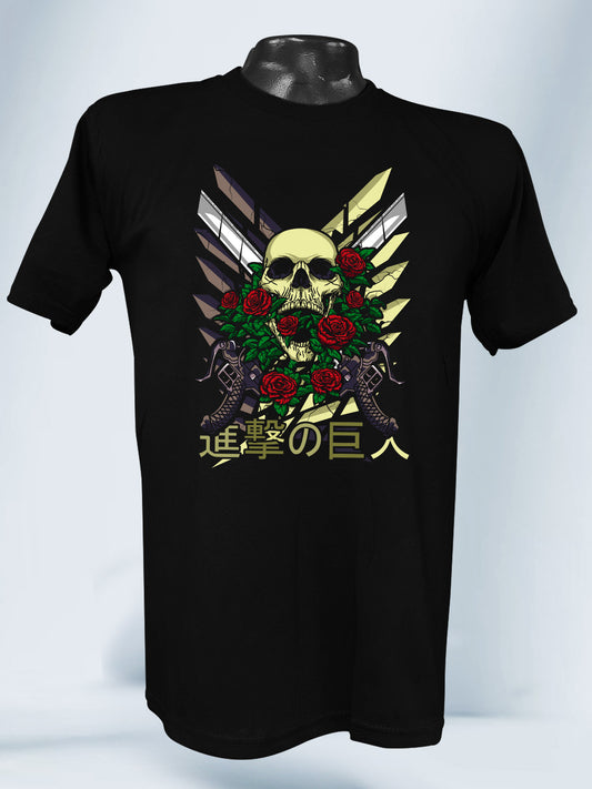 Camiseta Negra Unisex Calavera de rosas Attack on Titan