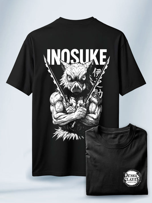 Camiseta Negra Unisex Inosuke Furia Doble Demon Slayer