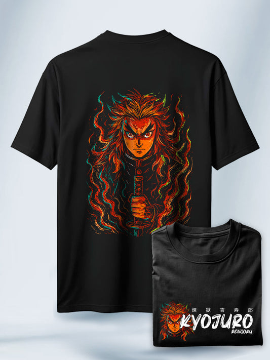 Camiseta Negra Unisex Rengoku Llamas de Pasion Demon Slayer
