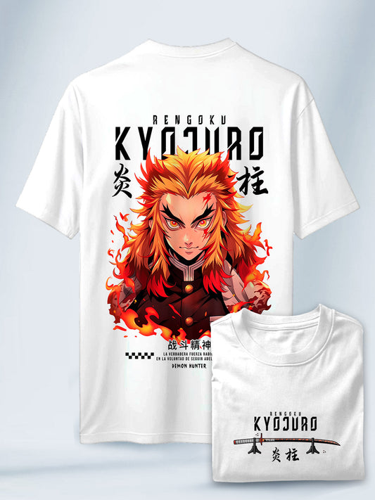 Camiseta Blanca Unisex Rengoku Corazon Ardiente Demon Slayer