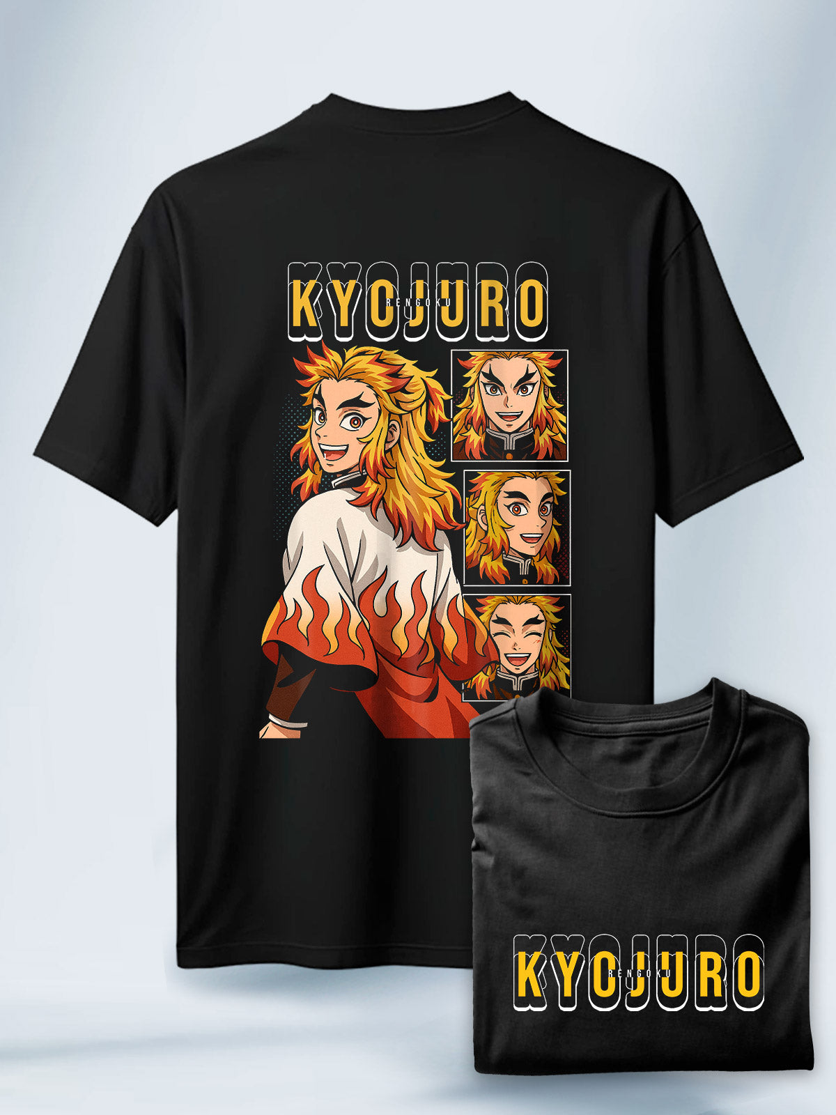 Camiseta Negra Unisex Kyojuro Llama Heroica Demon Slayer