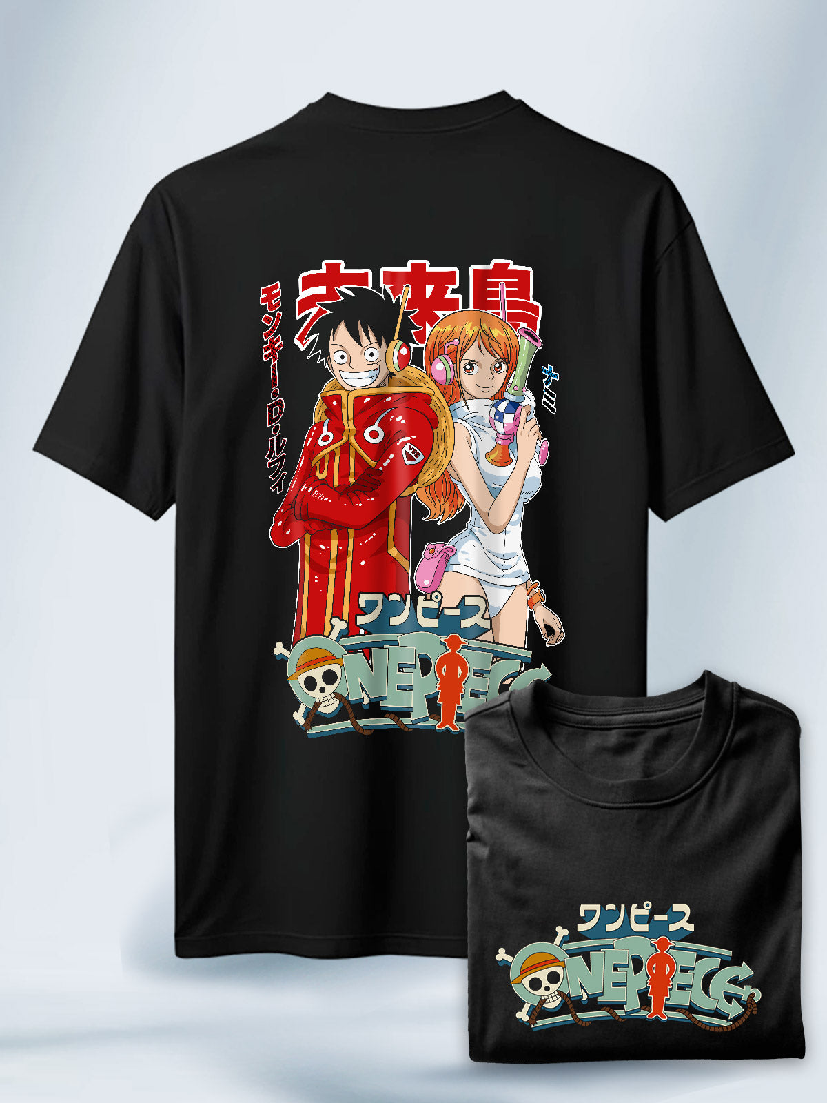 Camiseta Negra Unisex Luffy y Nami Travesía en Egghead One Piece