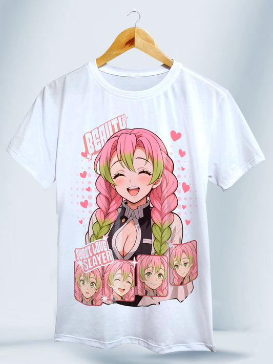 Camiseta Blanca Unisex Mitsuri Dulzura Kawaii Demon Slayer