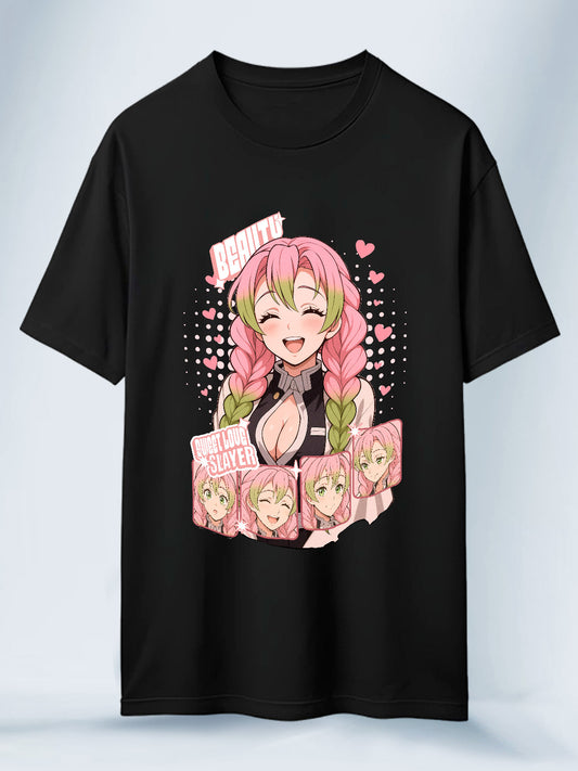 Camiseta Negra Unisex Mitsuri Dulzura Kawaii Demon Slayer