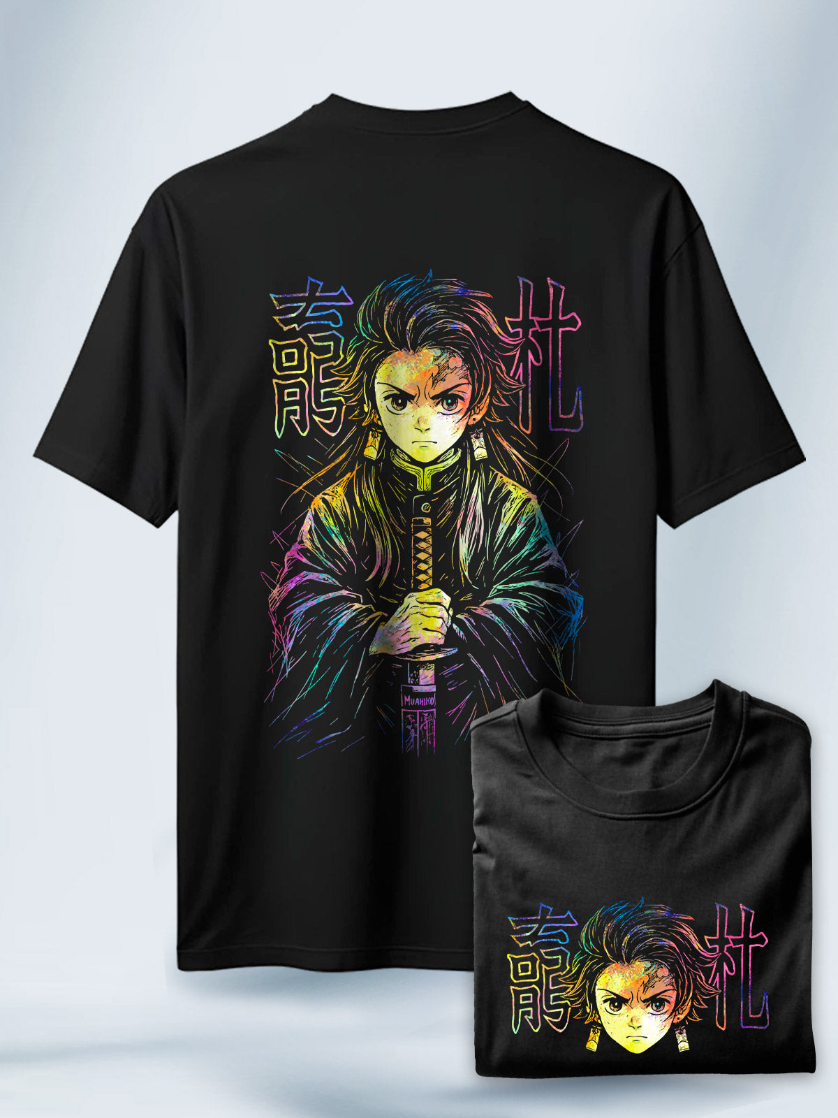 Camiseta Negra Unisex Tanjiro Espada Arcoíris Demon Slayer