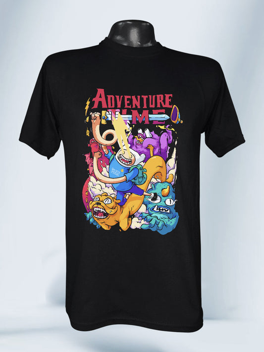 Camiseta Negra Unisex Finn y Jake Épica Aventura Multiversal Hora de Aventura