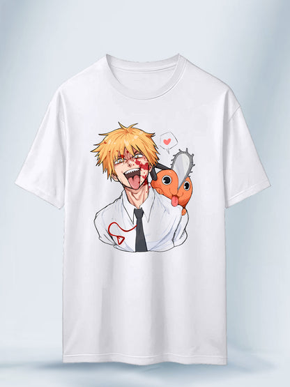 Camiseta Blanca Unisex Denji Corazón Salvaje Chainsaw Man