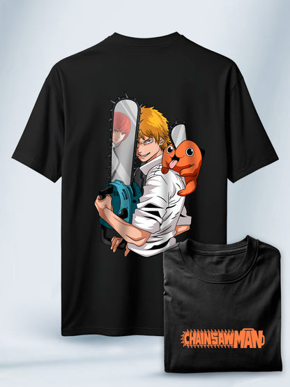 Camiseta Negra Unisex Denji Pochita y Makima Chainsaw Man