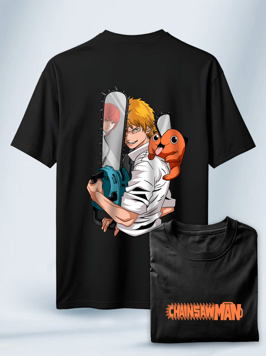 Camiseta Negra Unisex Denji Pochita y Makima Chainsaw Man