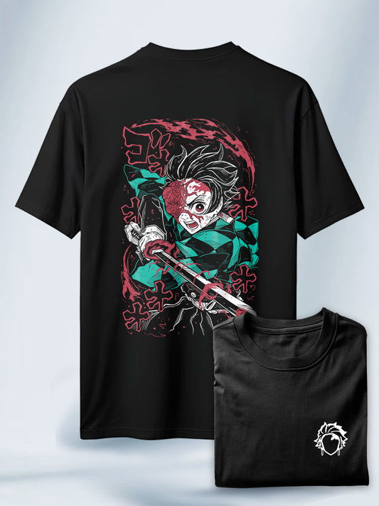 Camiseta Negra Unisex Tanjiro Batalla Feroz Demon Slayer