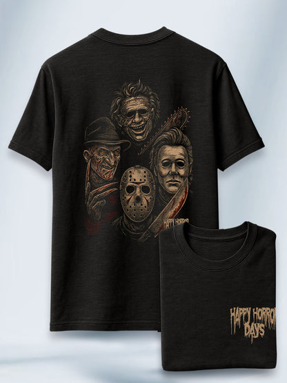 Camiseta Unisex Negra Jason, Mike, Freddy, Leather Happy Horror Days
