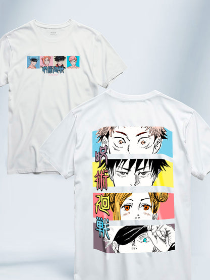 Camiseta Blanca Unisex Gojo y primer año Jujutsu Kaisen