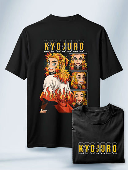 Camiseta Negra Unisex Kyojuro Llama Heroica Demon Slayer
