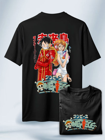 Camiseta Negra Unisex Luffy y Nami Travesía en Egghead One Piece