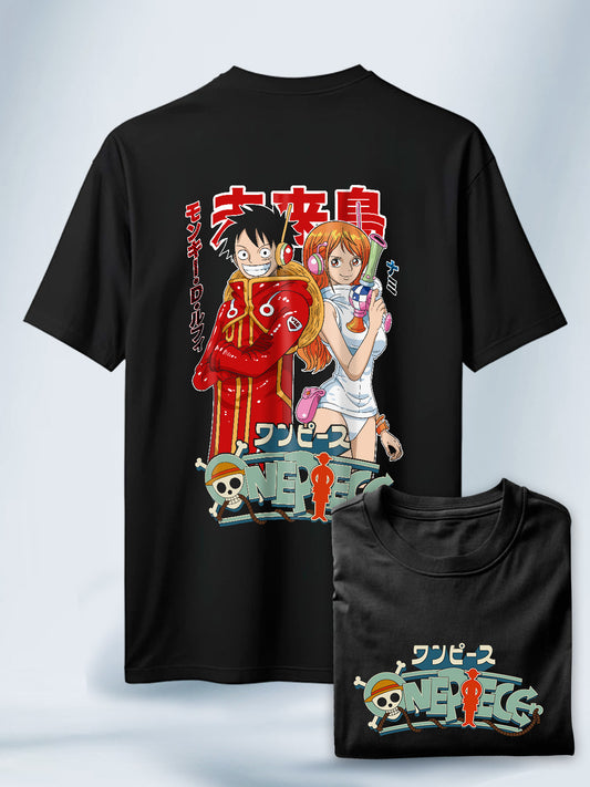 Camiseta Negra Unisex Luffy y Nami Travesía en Egghead One Piece