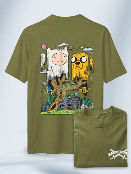 Camiseta Verde Olivo Unisex Finn y Jake TreeHouse Adventure Time