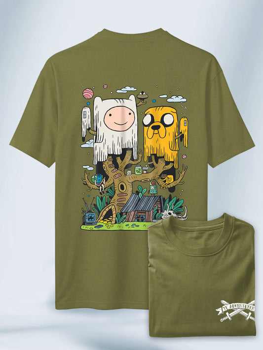 Camiseta Verde Olivo Unisex Finn y Jake TreeHouse Adventure Time
