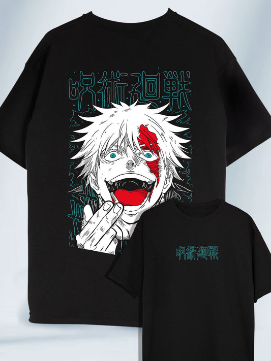 Camiseta Negra Oversized Gojo Locura Total Jujutsu Kaisen