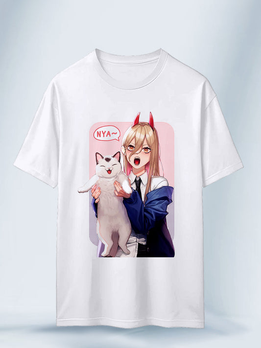 Camiseta Blanca Unisex Power y Meowy Nya Chainsaw Man