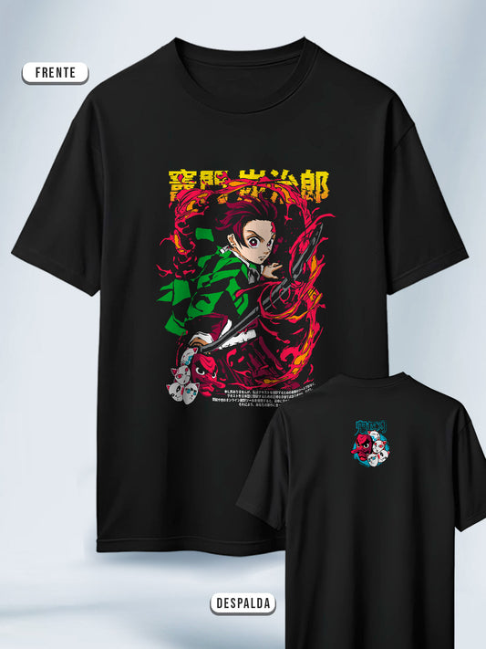 Camiseta Negra Unisex Tanjiro Respiracion del Fuego Demon Slayer