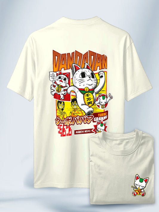 Camiseta Blanca Unisex Gatos de la Suerte DanDaDan