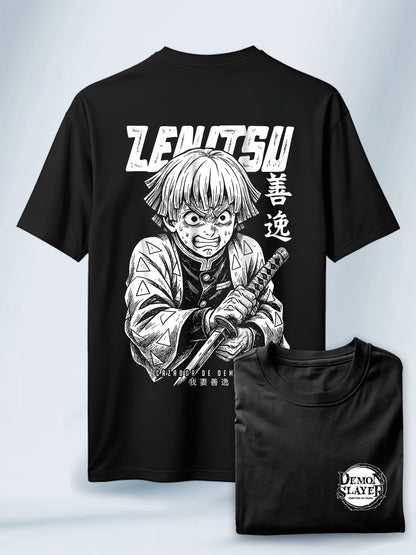 Camiseta Negra Unisex Zenitsu Furia Demon Slayer